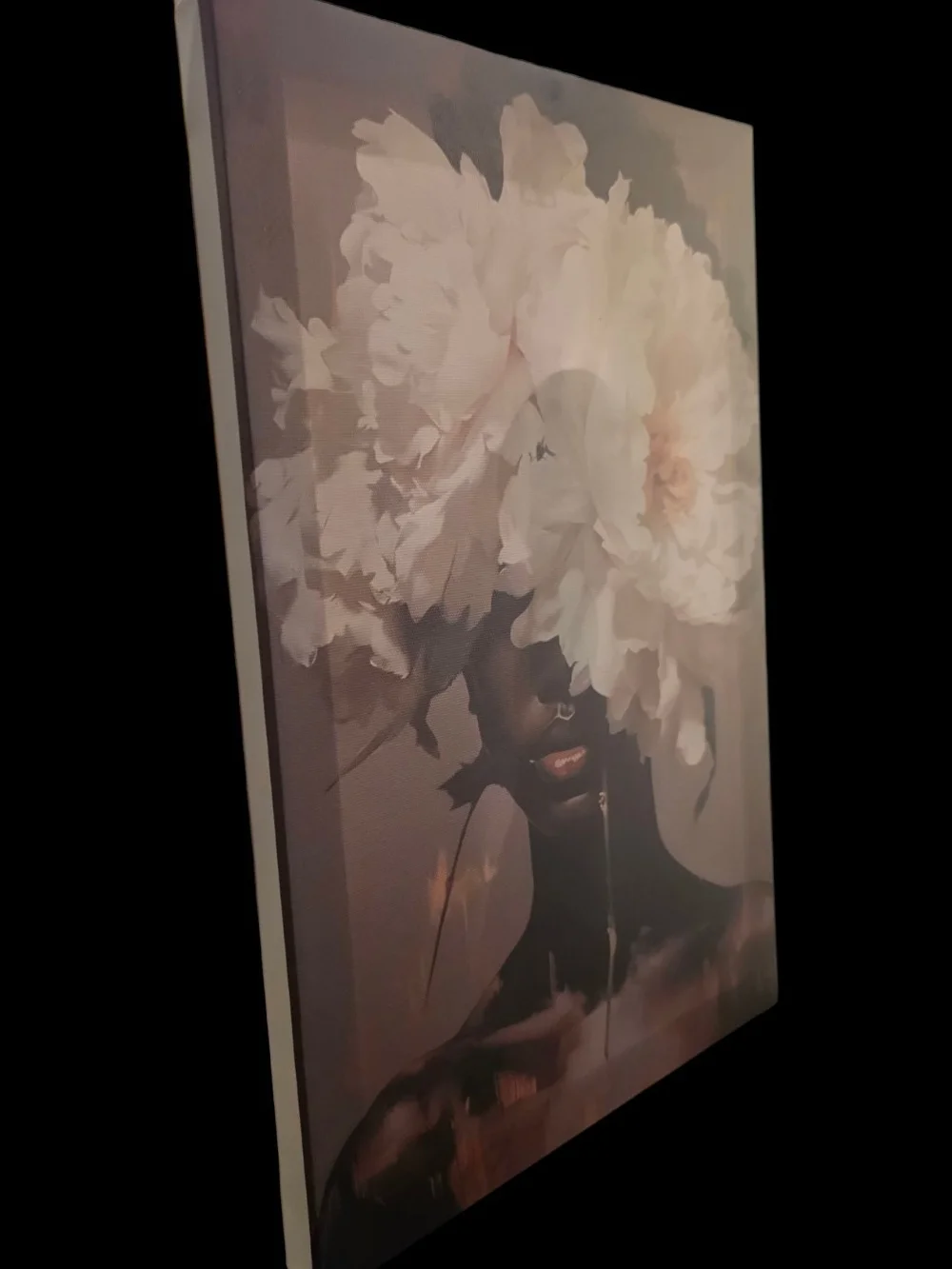 Silent Bloom Surrealist Black Woman Floral Canvas Wall Art – 12x16in